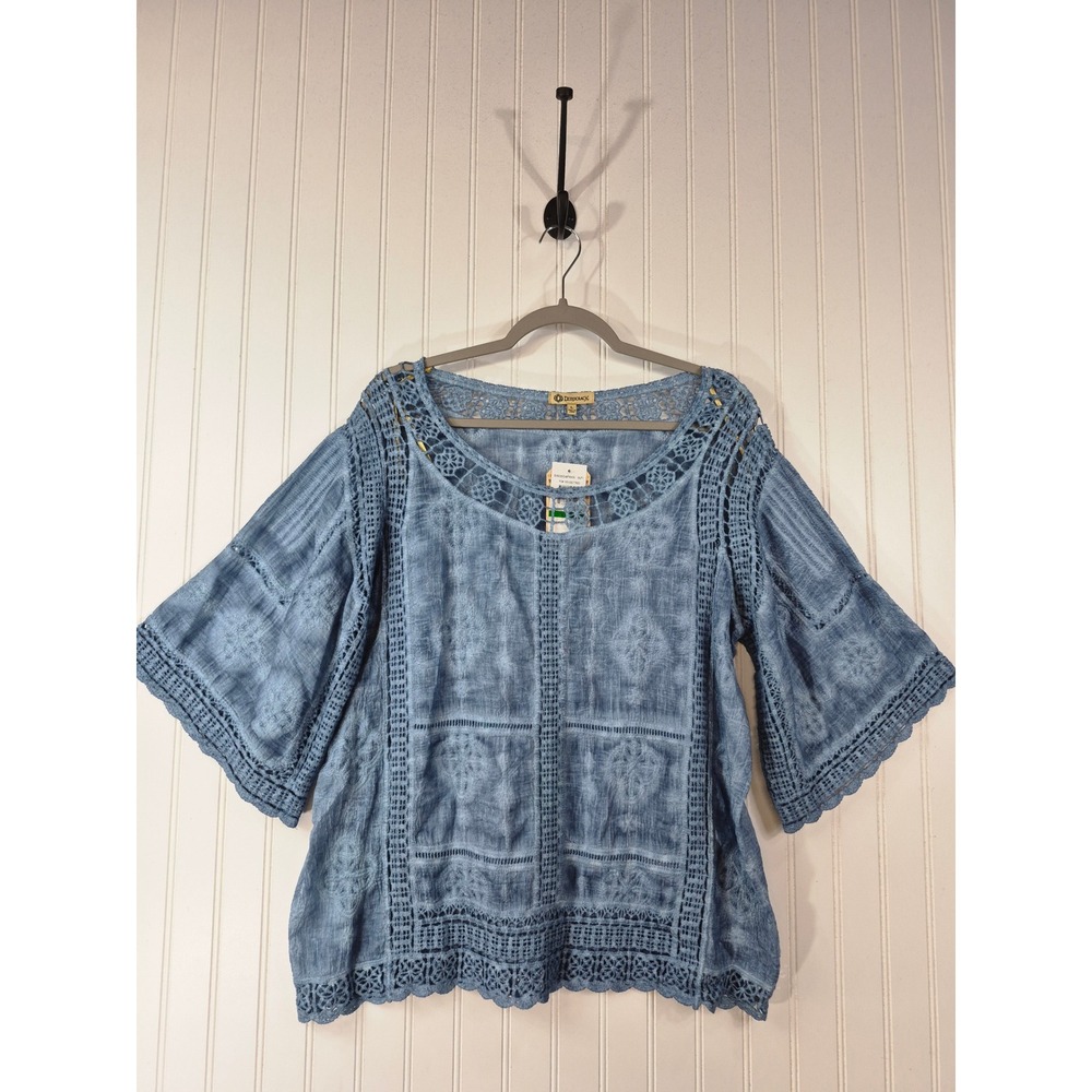 NWT Democracy Blue Tie Dye Crochet Lace Trim Embroidered Bell Sleeve Blouse L